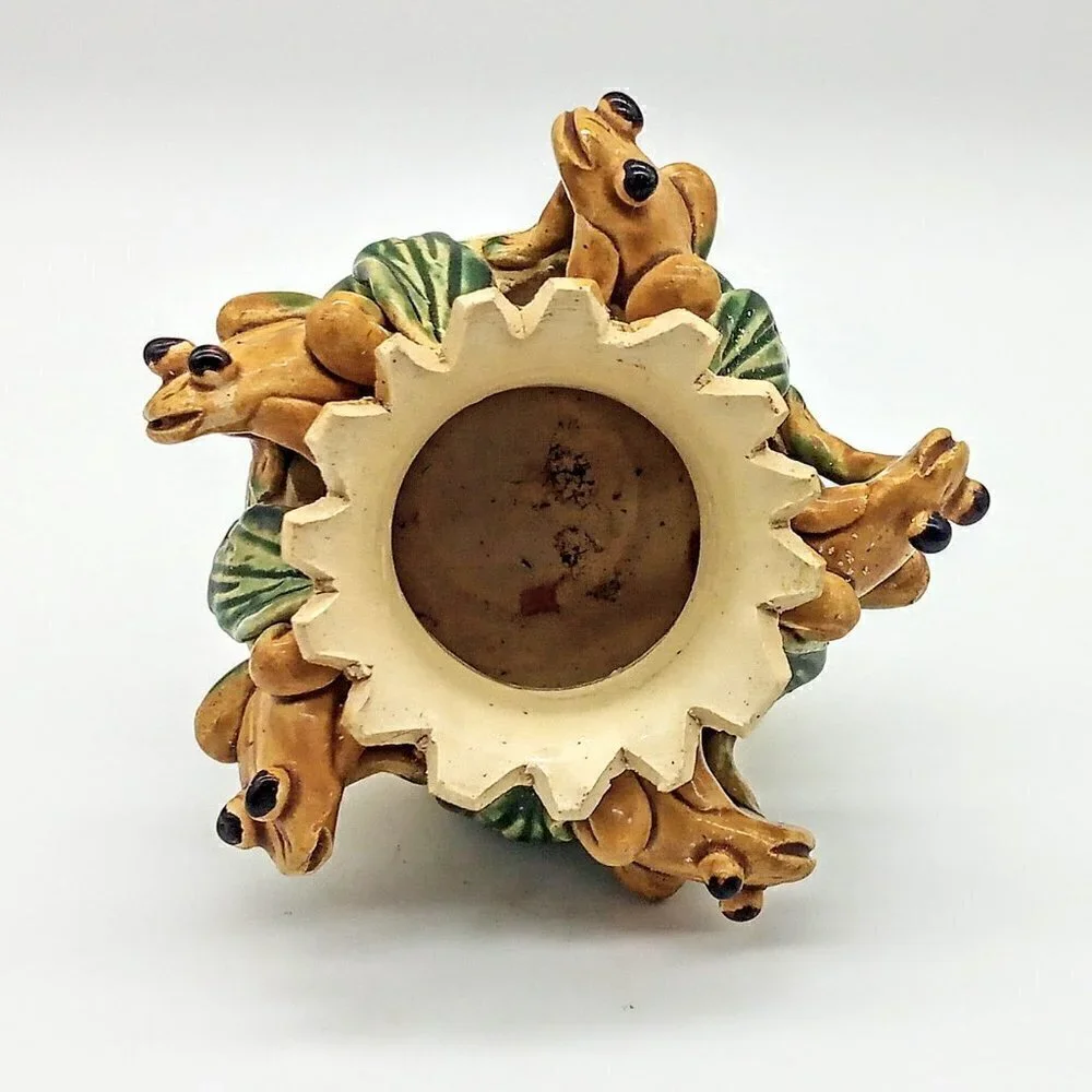 Five Frogs Green Tan Ceramic Sawtooth Rim Vase